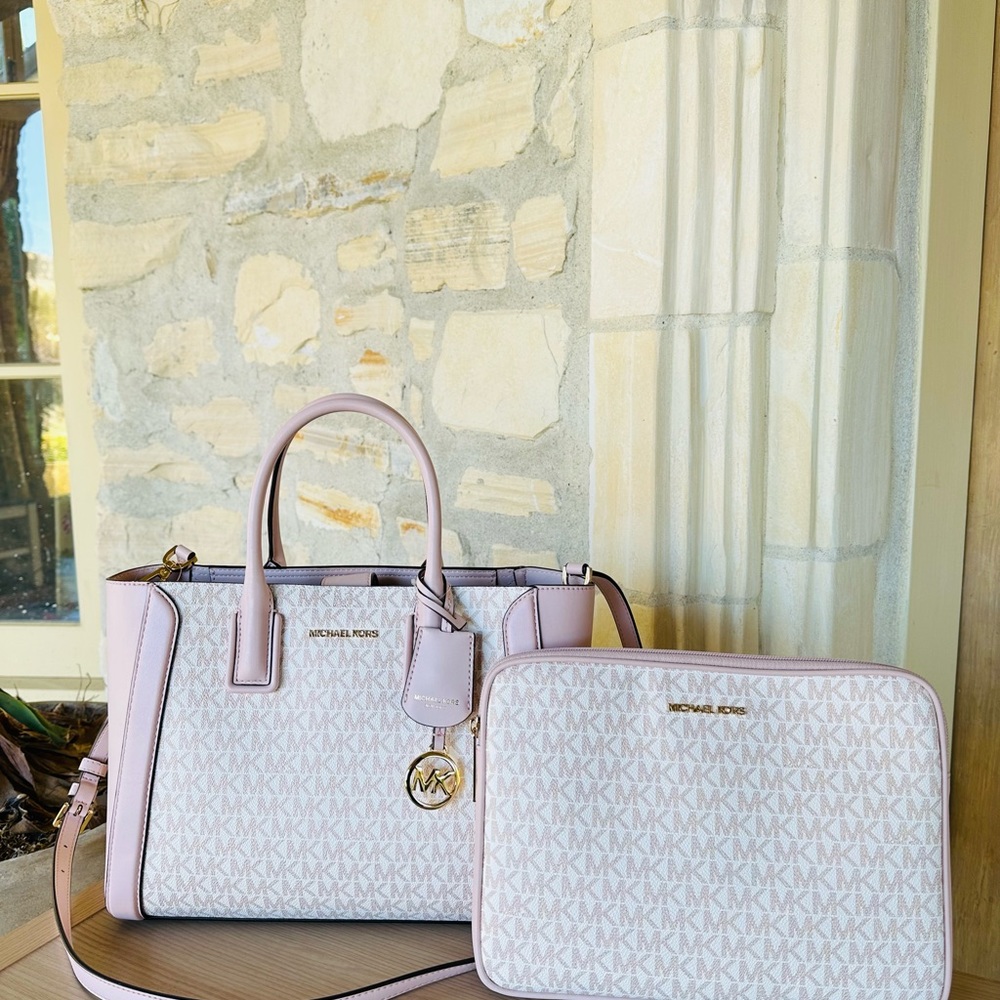 MICHAEL KORS KALI MD SATCHEL SHOULDER BAG + IPAD CASE MK ROSE GOLD WHITE PINK